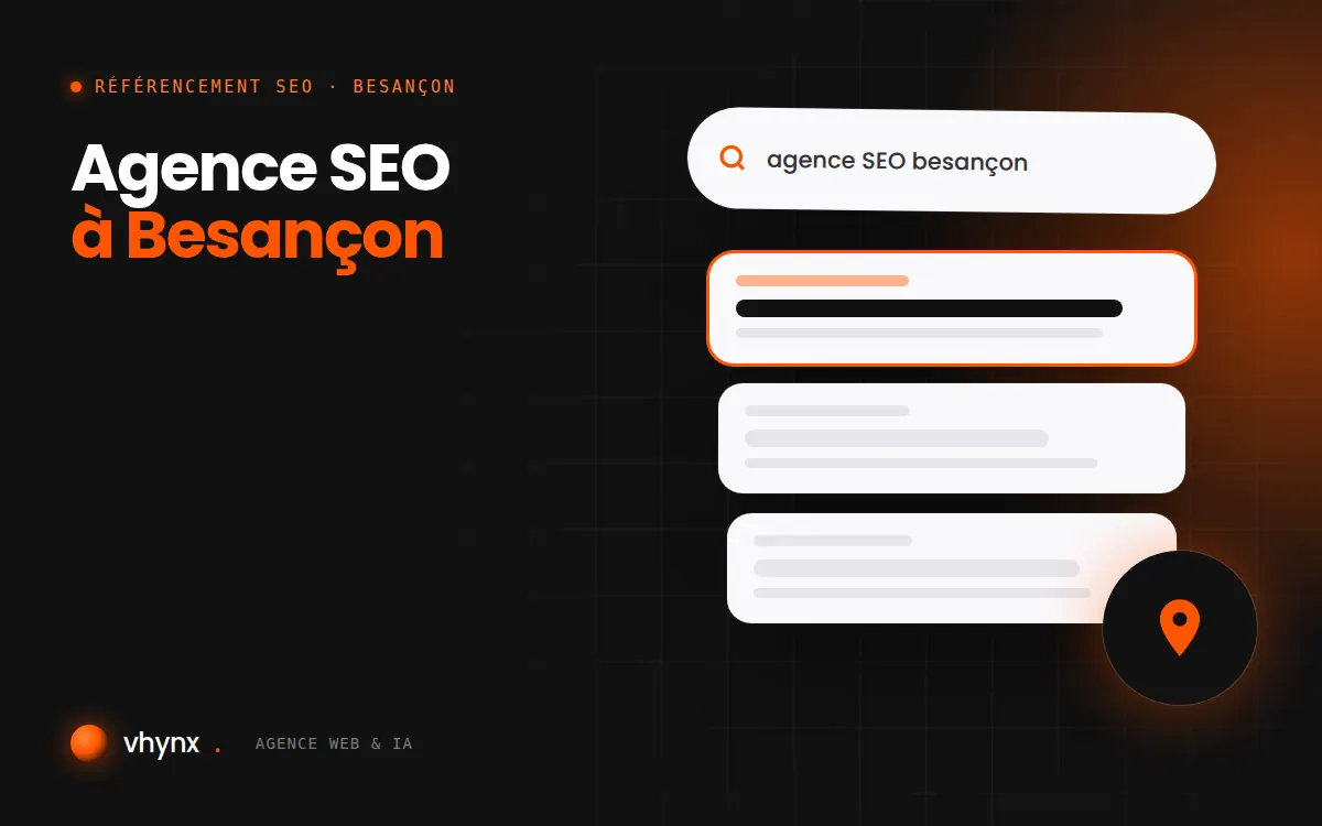 Agence SEO à Besançon : illustration Vhynx d'une recherche Google, des résultats et d'un repère de carte locale