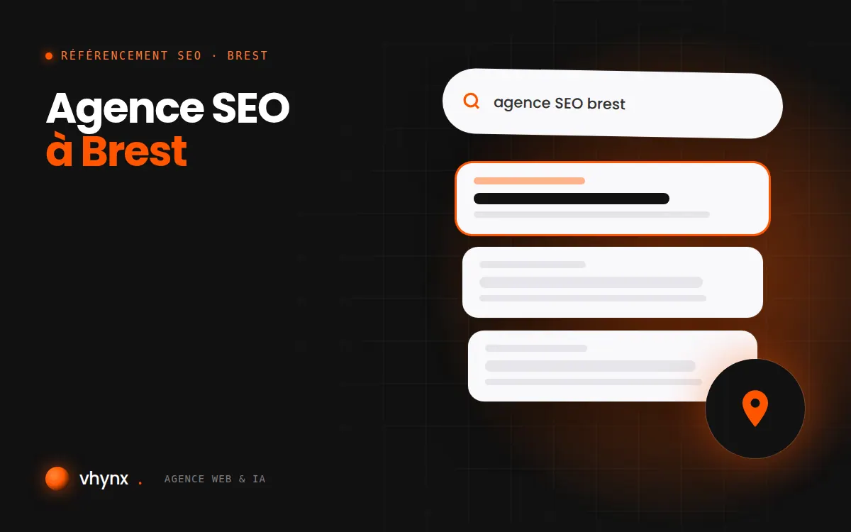Agence SEO à Brest : illustration Vhynx d'une recherche Google, des résultats et d'un repère de carte locale