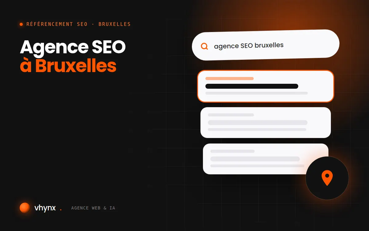 Agence SEO à Bruxelles : illustration Vhynx d'une recherche Google, des résultats et d'un repère de carte locale