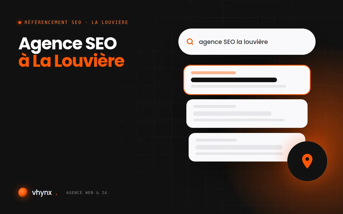 Agence SEO à La Louvière : illustration Vhynx d'une recherche Google, des résultats et d'un repère de carte locale