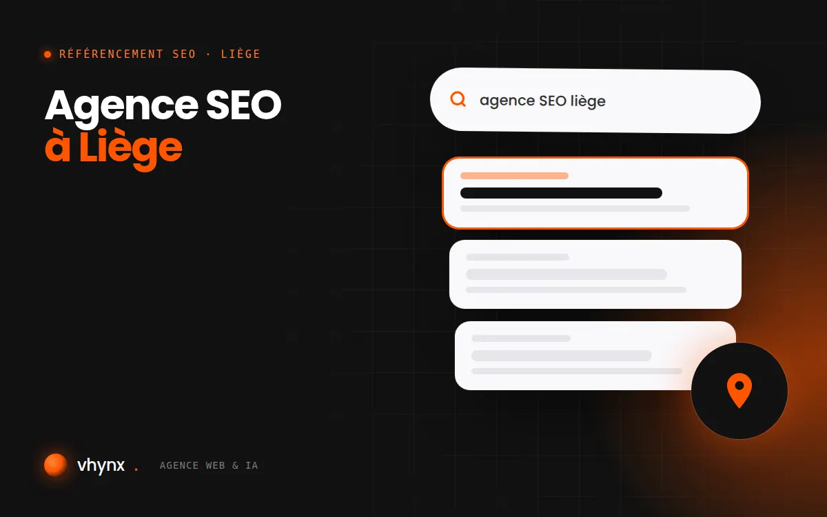 Agence SEO à Liège : illustration Vhynx d'une recherche Google, des résultats et d'un repère de carte locale