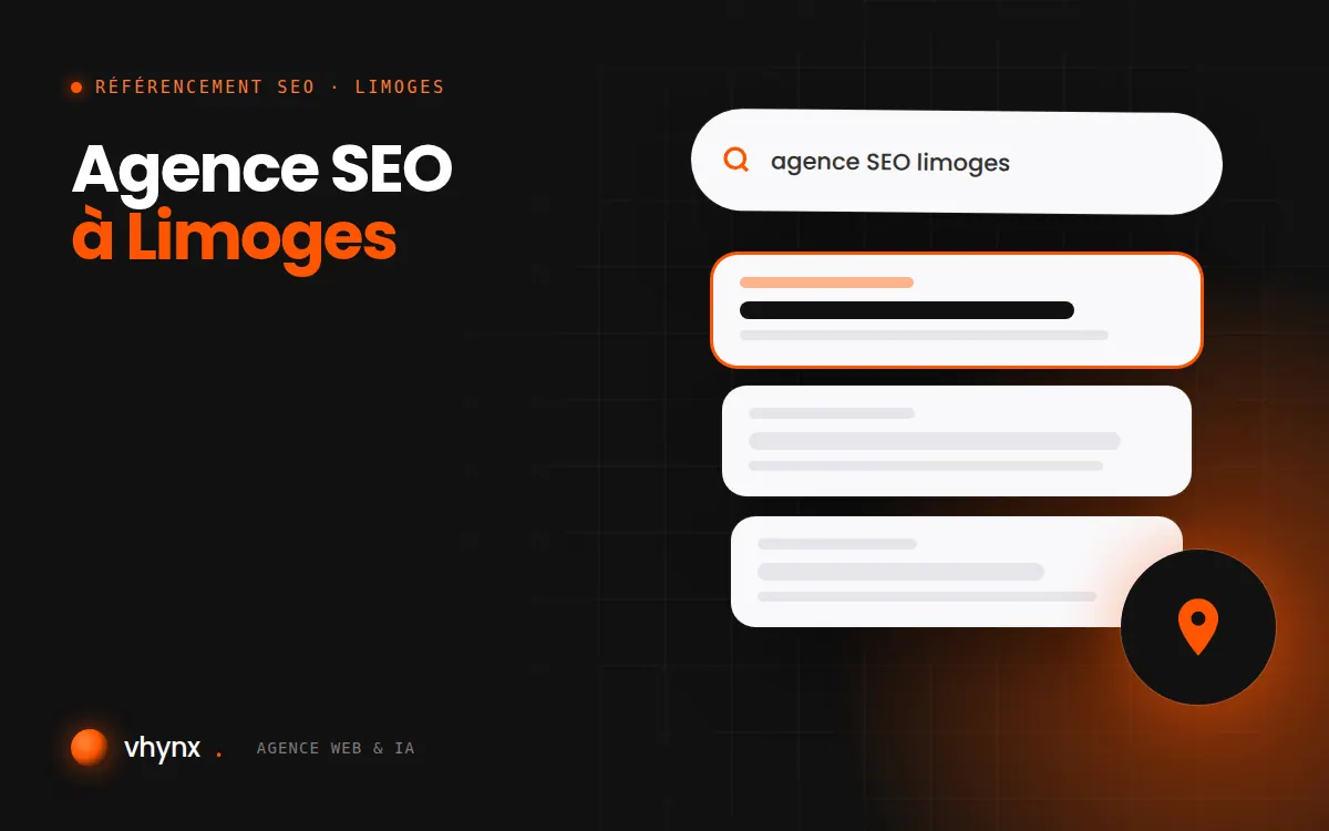 Agence SEO à Limoges : illustration Vhynx d'une recherche Google, des résultats et d'un repère de carte locale