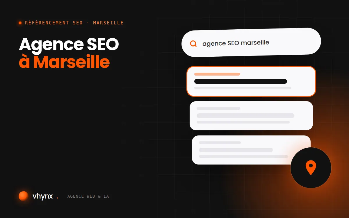 Agence SEO à Marseille : illustration Vhynx d'une recherche Google, des résultats et d'un repère de carte locale