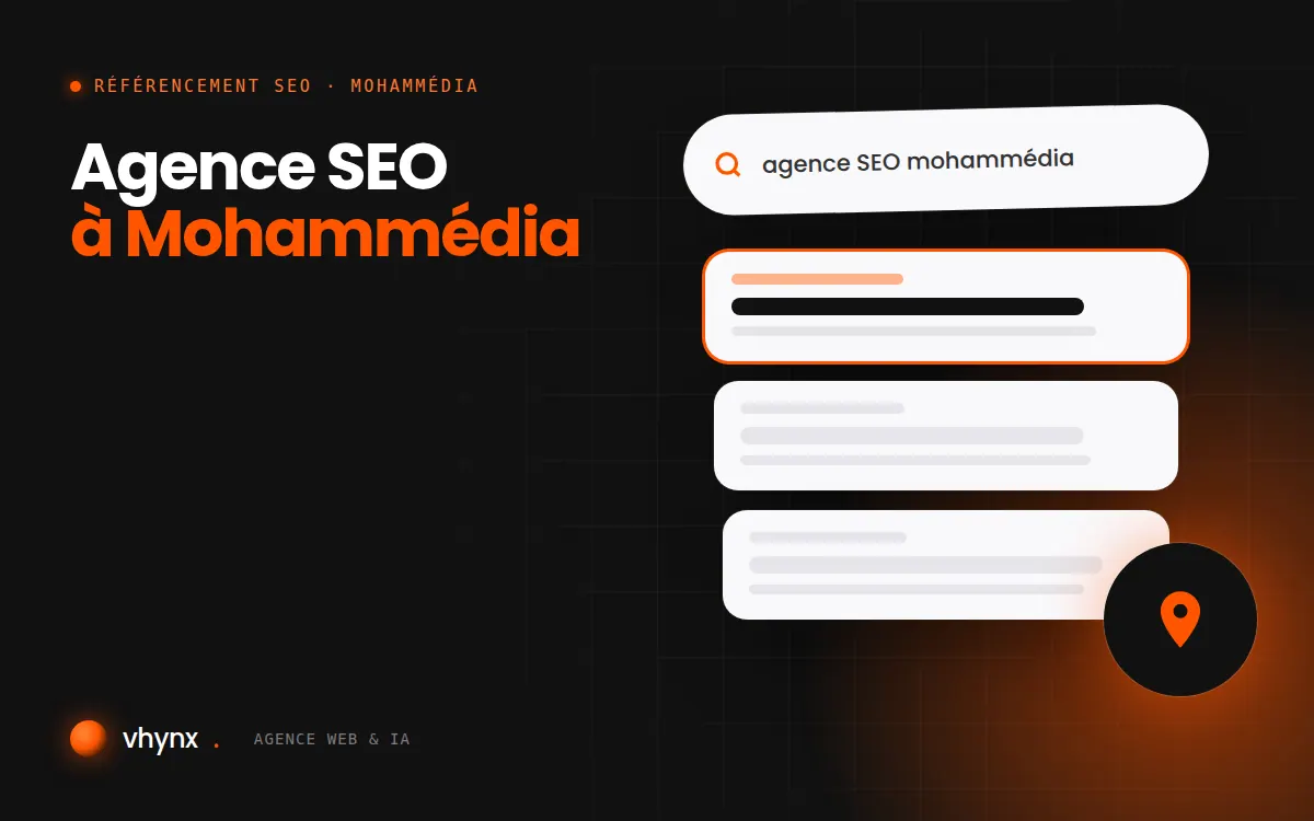 Agence SEO à Mohammédia : illustration Vhynx d'une recherche Google, des résultats et d'un repère de carte locale