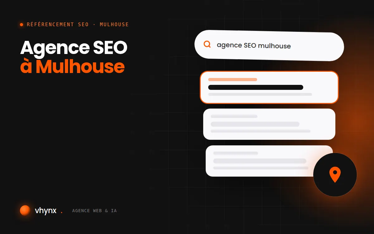 Agence SEO à Mulhouse : illustration Vhynx d'une recherche Google, des résultats et d'un repère de carte locale