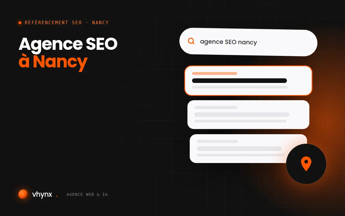 Agence SEO à Nancy : illustration Vhynx d'une recherche Google, des résultats et d'un repère de carte locale