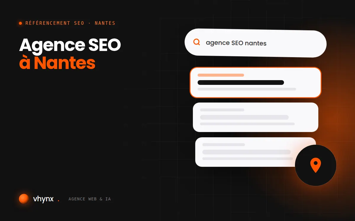 Agence SEO à Nantes : illustration Vhynx d'une recherche Google, des résultats et d'un repère de carte locale