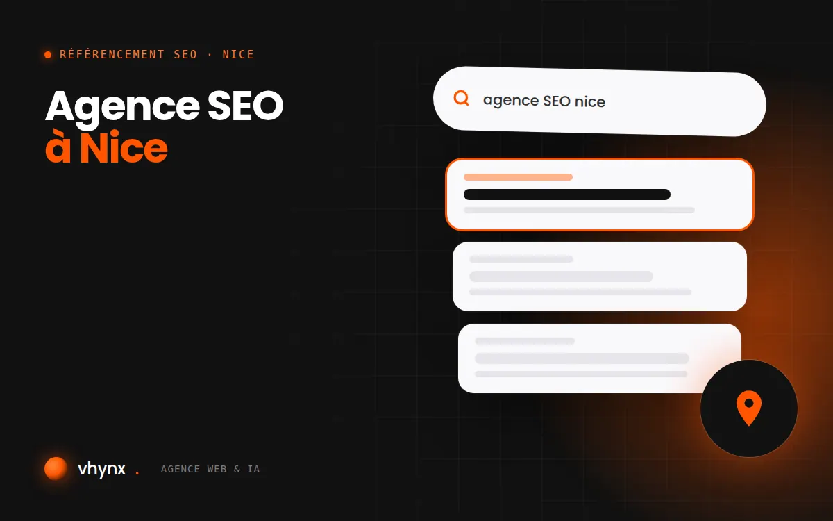 Agence SEO à Nice : illustration Vhynx d'une recherche Google, des résultats et d'un repère de carte locale