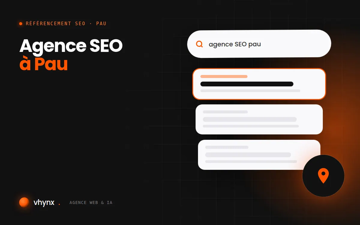 Agence SEO à Pau : illustration Vhynx d'une recherche Google, des résultats et d'un repère de carte locale