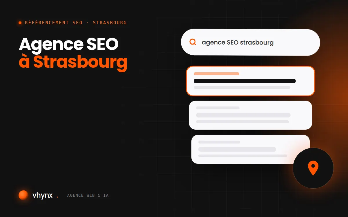 Agence SEO à Strasbourg : illustration Vhynx d'une recherche Google, des résultats et d'un repère de carte locale
