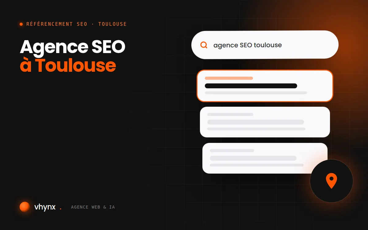 Agence SEO à Toulouse : illustration Vhynx d'une recherche Google, des résultats et d'un repère de carte locale