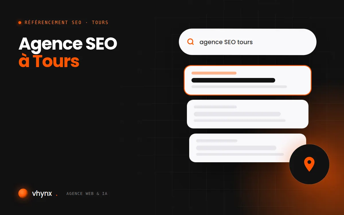 Agence SEO à Tours : illustration Vhynx d'une recherche Google, des résultats et d'un repère de carte locale