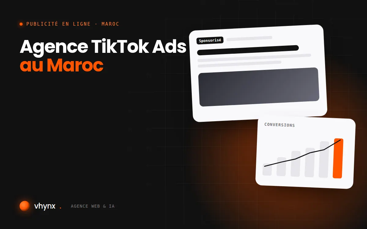 Agence TikTok Ads au Maroc : illustration Vhynx d'une annonce sponsorisée et d'un graphique de conversions