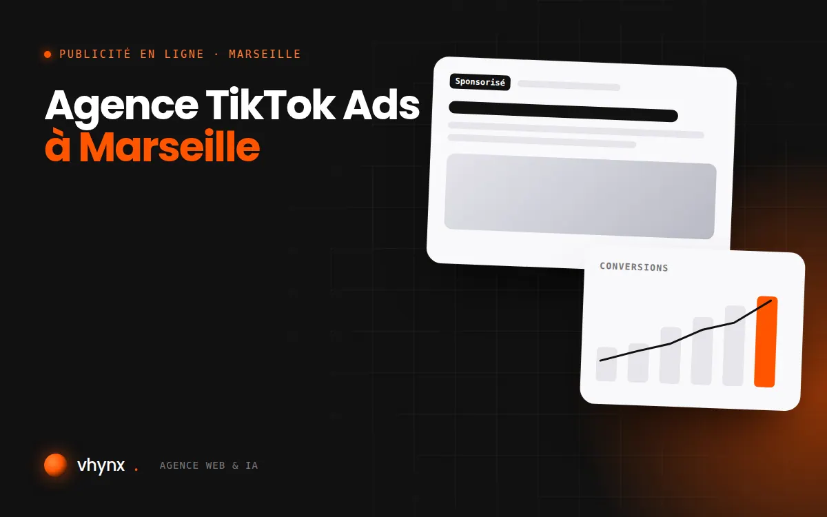 Agence TikTok Ads à Marseille : illustration Vhynx d'une annonce sponsorisée et d'un graphique de conversions