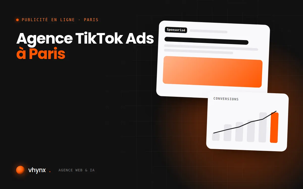 Agence TikTok Ads à Paris : illustration Vhynx d'une annonce sponsorisée et d'un graphique de conversions