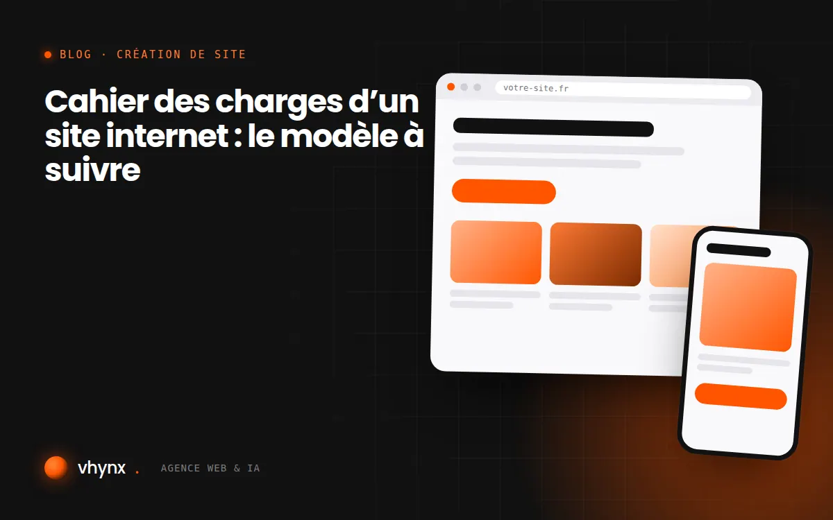 Illustration d’un cahier des charges de site internet avec arborescence, maquettes et liste de fonctionnalités
