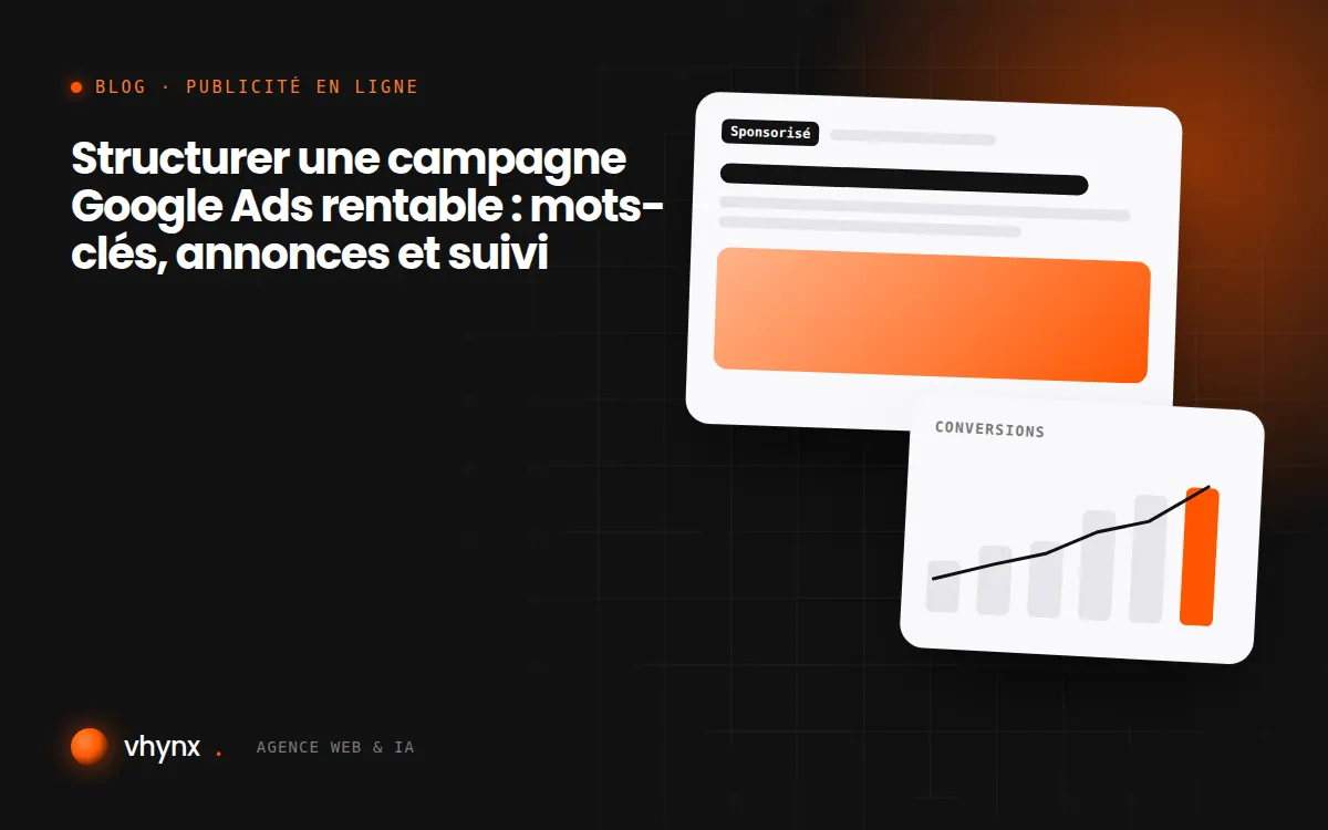 Schéma d’une campagne Google Ads organisée en groupes d’annonces, mots-clés et annonces responsives