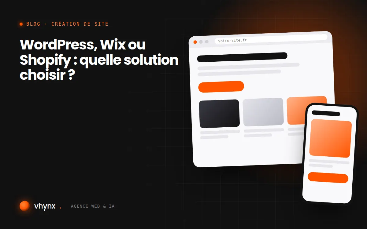 Illustration comparant trois interfaces de création de site : WordPress, Wix et Shopify