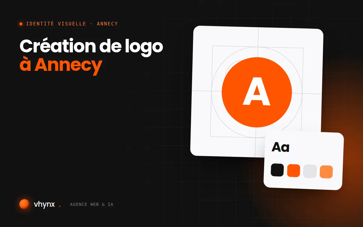 Création de logo à Annecy : illustration Vhynx de la construction d'un logo, avec typographie et palette de couleurs