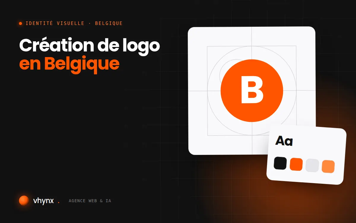 Création de logo en Belgique : illustration Vhynx de la construction d'un logo, avec typographie et palette de couleurs