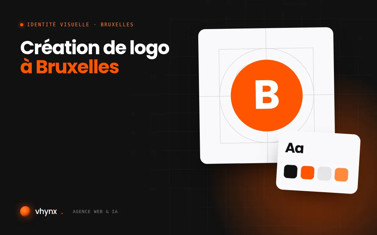 Création de logo à Bruxelles : illustration Vhynx de la construction d'un logo, avec typographie et palette de couleurs