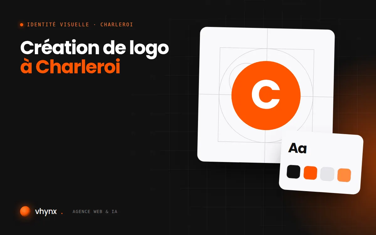 Création de logo à Charleroi : illustration Vhynx de la construction d'un logo, avec typographie et palette de couleurs