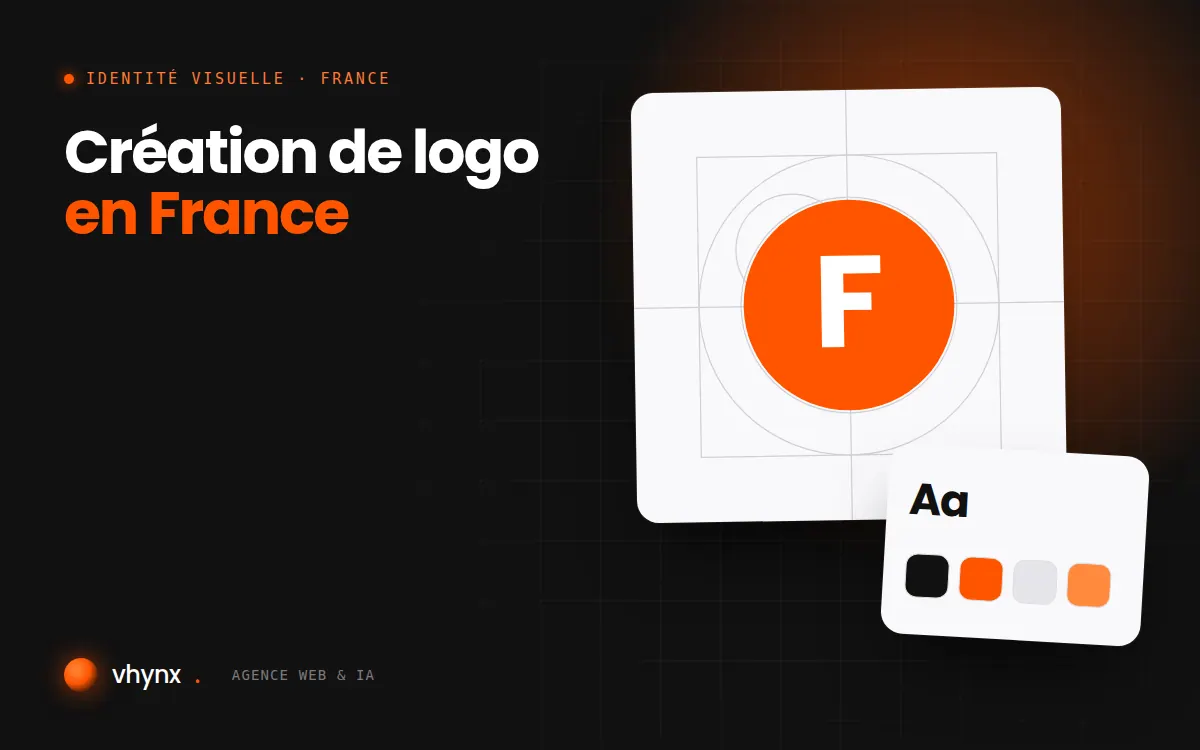 Création de logo en France : illustration Vhynx de la construction d'un logo, avec typographie et palette de couleurs