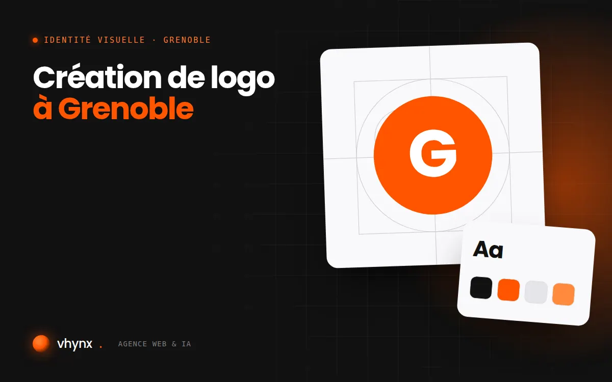 Création de logo à Grenoble : illustration Vhynx de la construction d'un logo, avec typographie et palette de couleurs