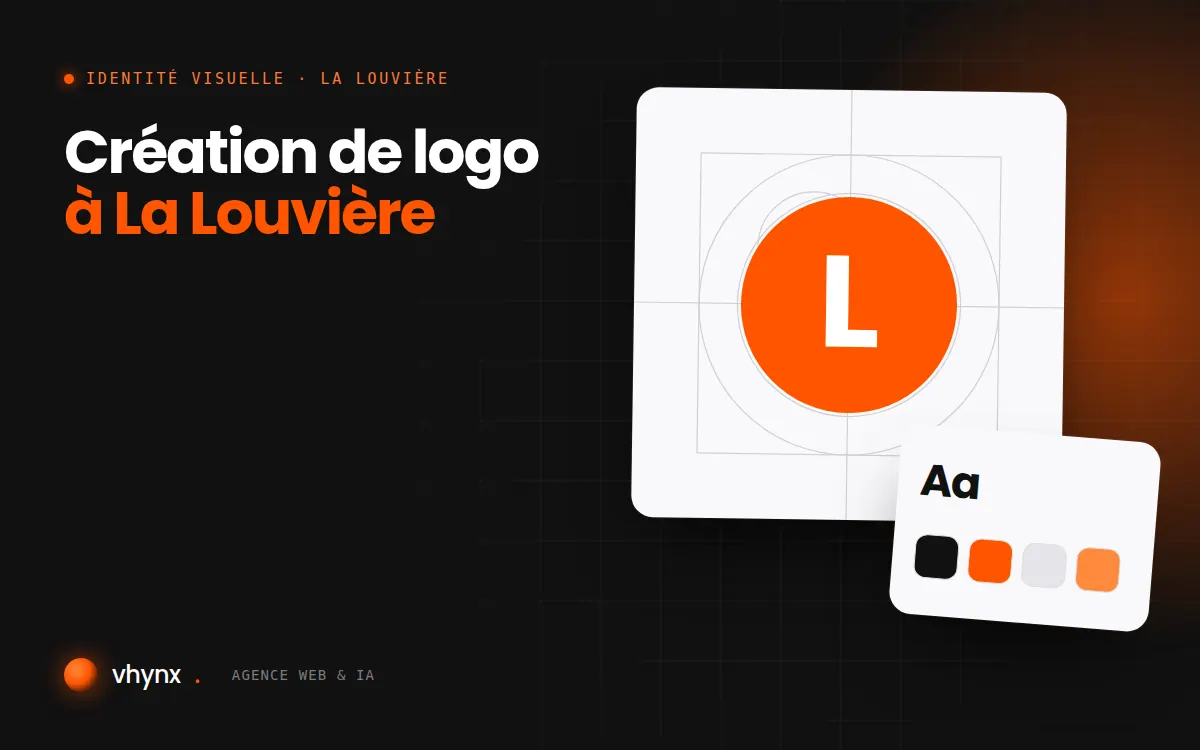 Création de logo à La Louvière : illustration Vhynx de la construction d'un logo, avec typographie et palette de couleurs