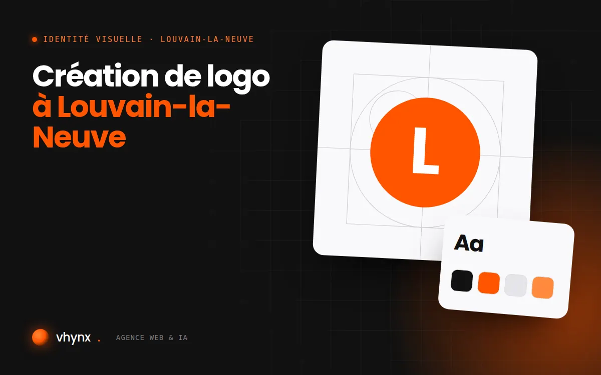 Création de logo à Louvain-la-Neuve : illustration Vhynx de la construction d'un logo, avec typographie et palette de couleurs