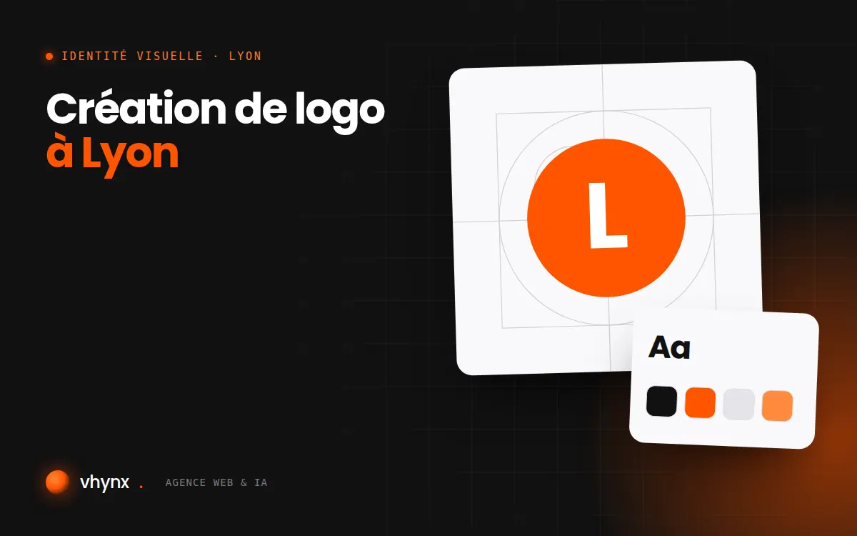 Création de logo à Lyon : illustration Vhynx de la construction d'un logo, avec typographie et palette de couleurs