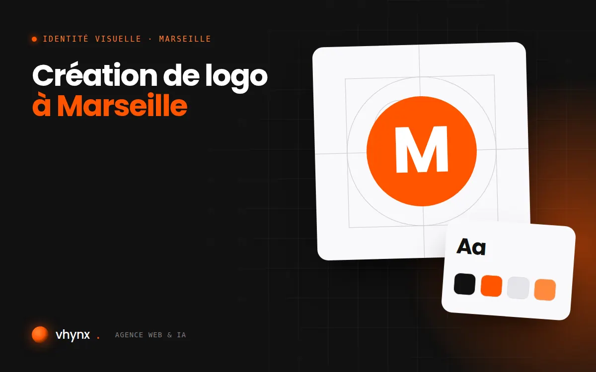 Création de logo à Marseille : illustration Vhynx de la construction d'un logo, avec typographie et palette de couleurs