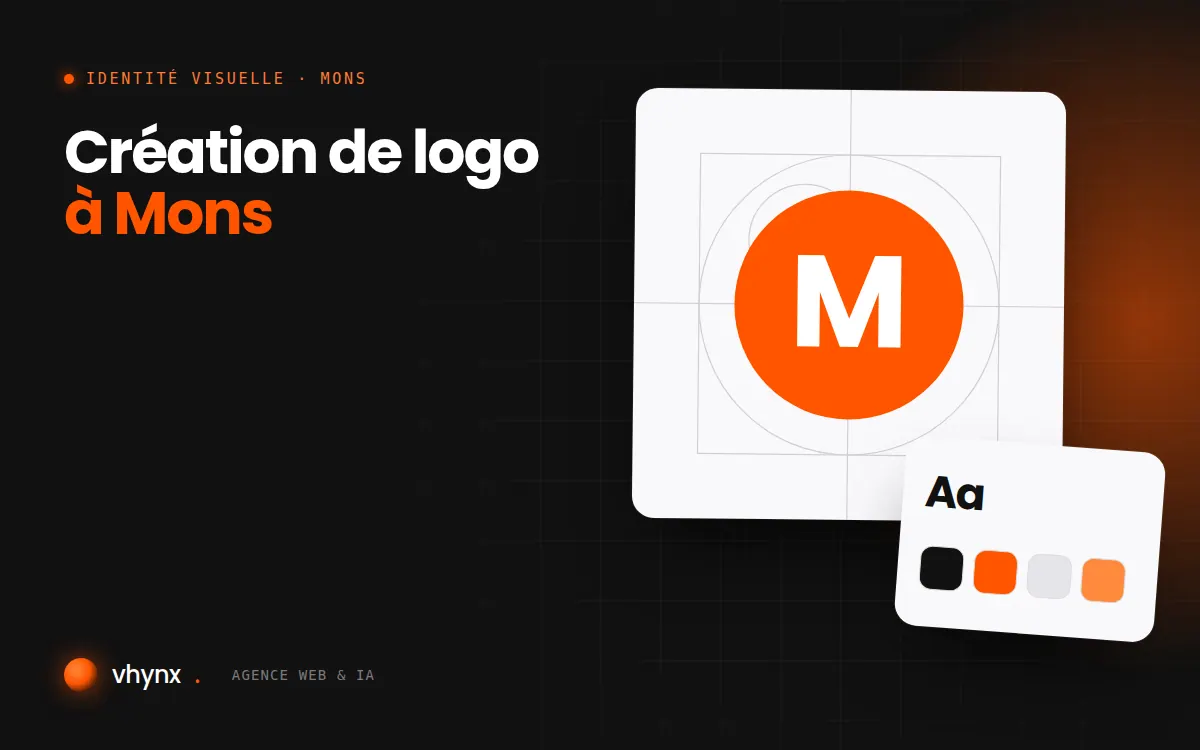 Création de logo à Mons : illustration Vhynx de la construction d'un logo, avec typographie et palette de couleurs