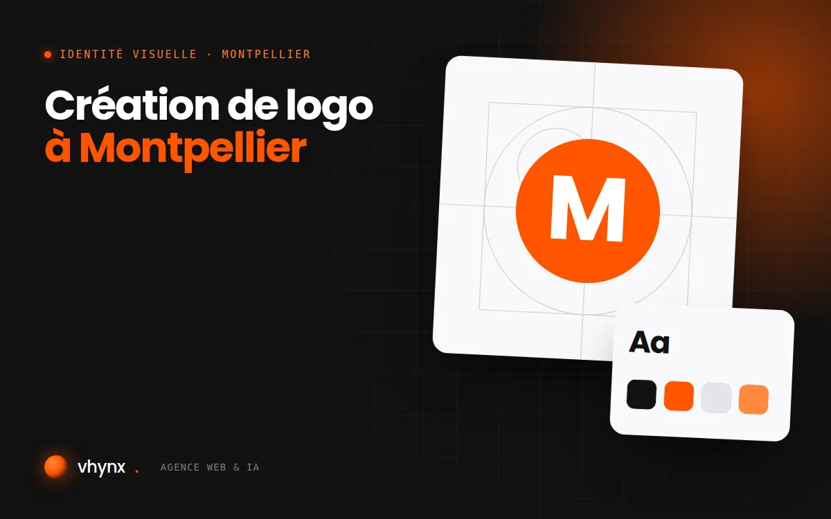 Création de logo à Montpellier : illustration Vhynx de la construction d'un logo, avec typographie et palette de couleurs