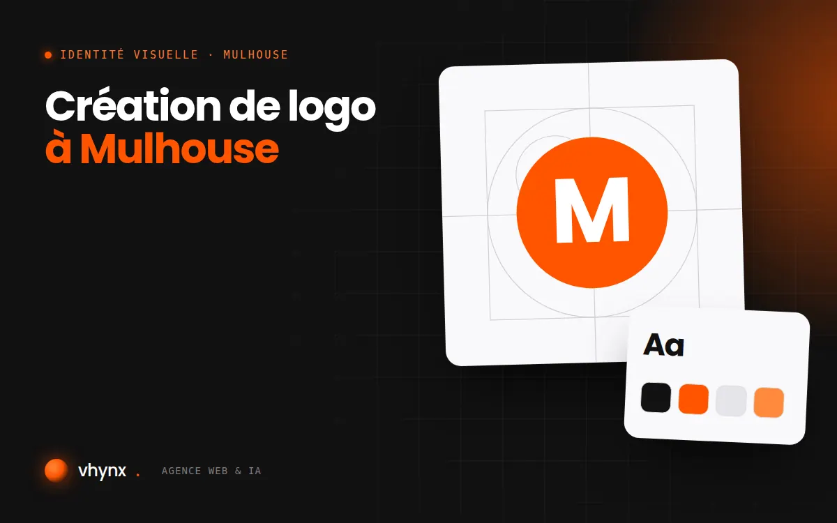 Création de logo à Mulhouse : illustration Vhynx de la construction d'un logo, avec typographie et palette de couleurs