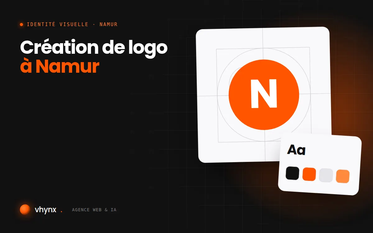 Création de logo à Namur : illustration Vhynx de la construction d'un logo, avec typographie et palette de couleurs