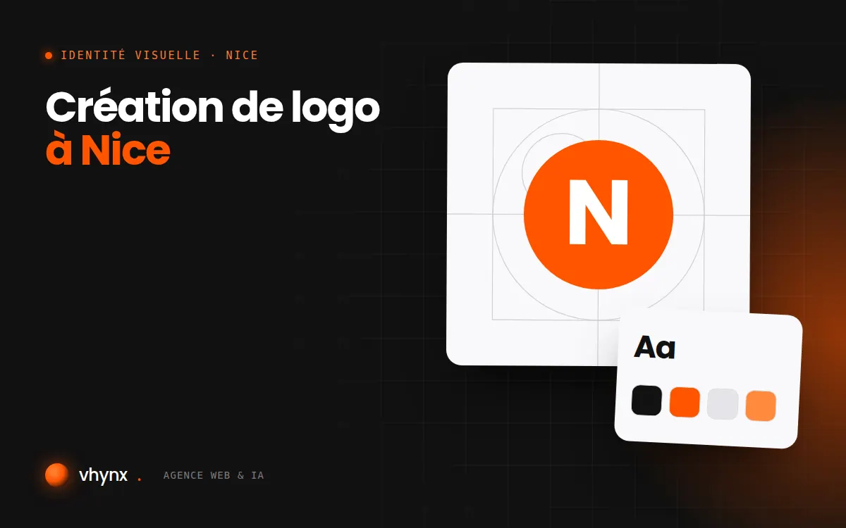Création de logo à Nice : illustration Vhynx de la construction d'un logo, avec typographie et palette de couleurs