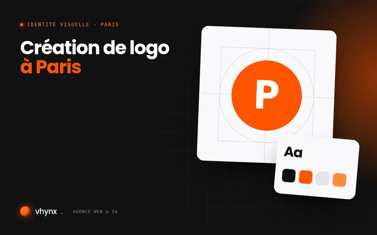 Création de logo à Paris : illustration Vhynx de la construction d'un logo, avec typographie et palette de couleurs