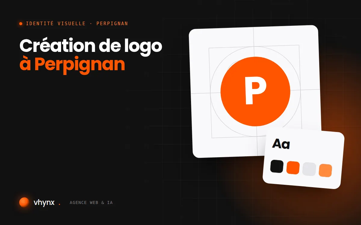 Création de logo à Perpignan : illustration Vhynx de la construction d'un logo, avec typographie et palette de couleurs