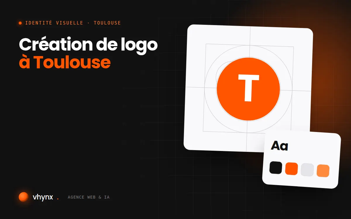 Création de logo à Toulouse : illustration Vhynx de la construction d'un logo, avec typographie et palette de couleurs