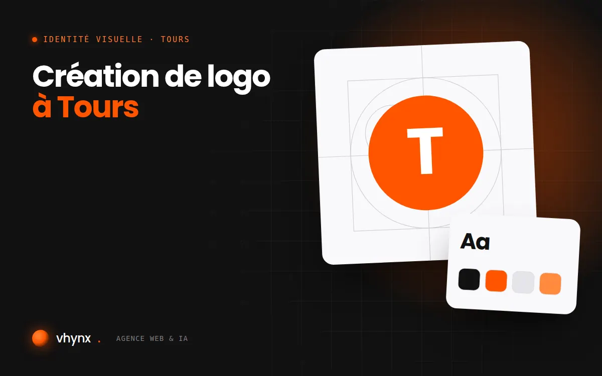 Création de logo à Tours : illustration Vhynx de la construction d'un logo, avec typographie et palette de couleurs