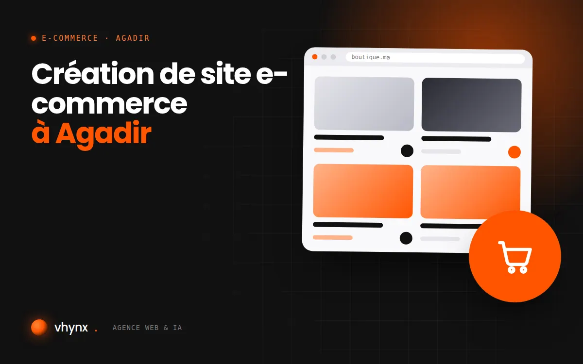 Création de site e-commerce à Agadir : illustration Vhynx d'une boutique en ligne avec fiches produits et panier