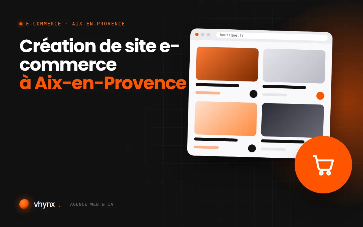Création de site e-commerce à Aix-en-Provence : illustration Vhynx d'une boutique en ligne avec fiches produits et panier