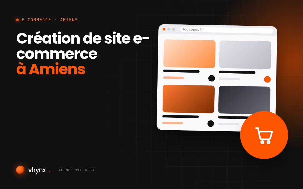 Création de site e-commerce à Amiens : illustration Vhynx d'une boutique en ligne avec fiches produits et panier