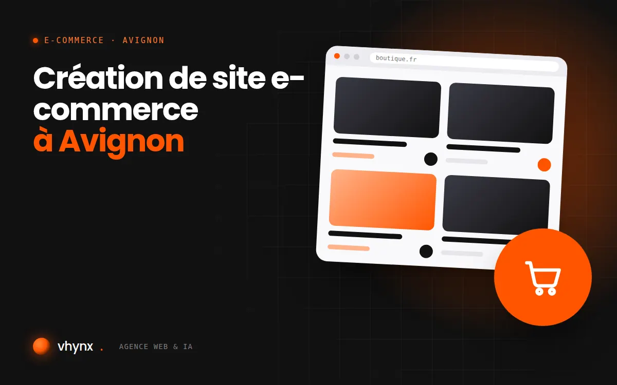 Création de site e-commerce à Avignon : illustration Vhynx d'une boutique en ligne avec fiches produits et panier
