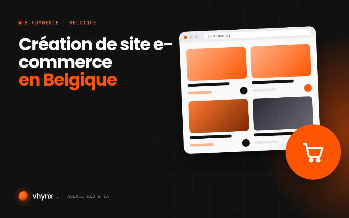 Création de site e-commerce en Belgique : illustration Vhynx d'une boutique en ligne avec fiches produits et panier