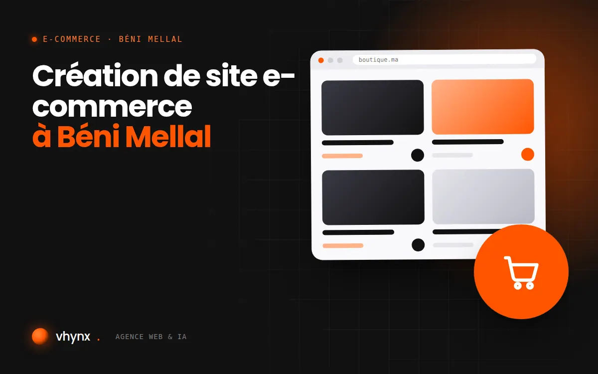 Création de site e-commerce à Béni Mellal : illustration Vhynx d'une boutique en ligne avec fiches produits et panier