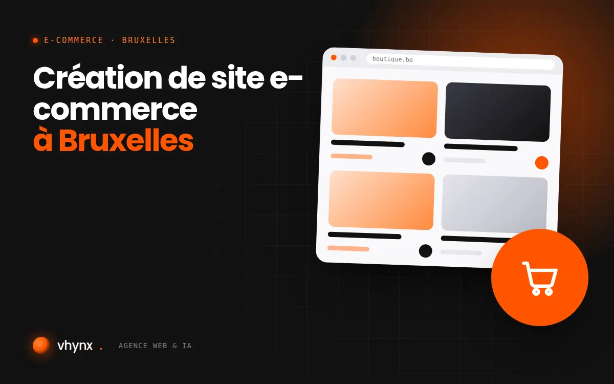 Création de site e-commerce à Bruxelles : illustration Vhynx d'une boutique en ligne avec fiches produits et panier
