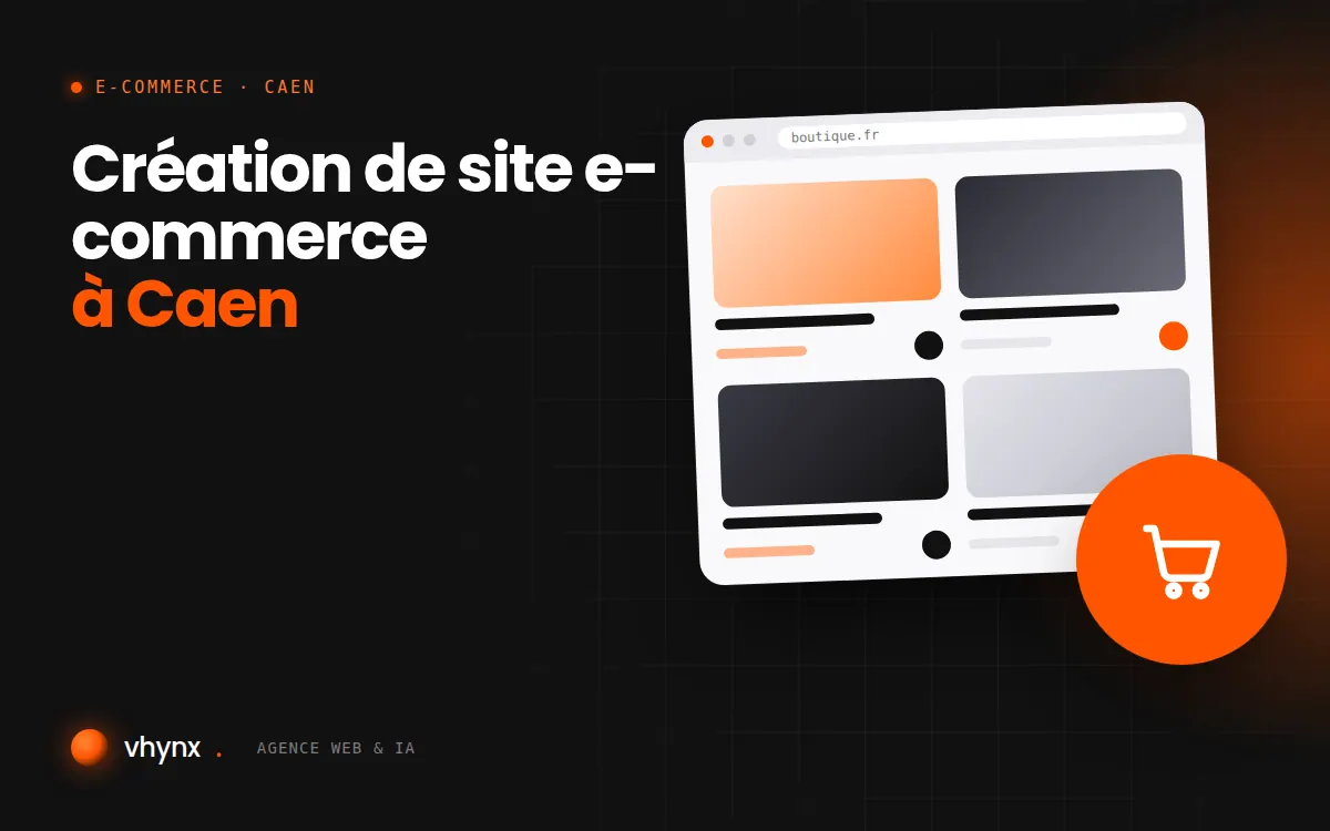 Création de site e-commerce à Caen : illustration Vhynx d'une boutique en ligne avec fiches produits et panier
