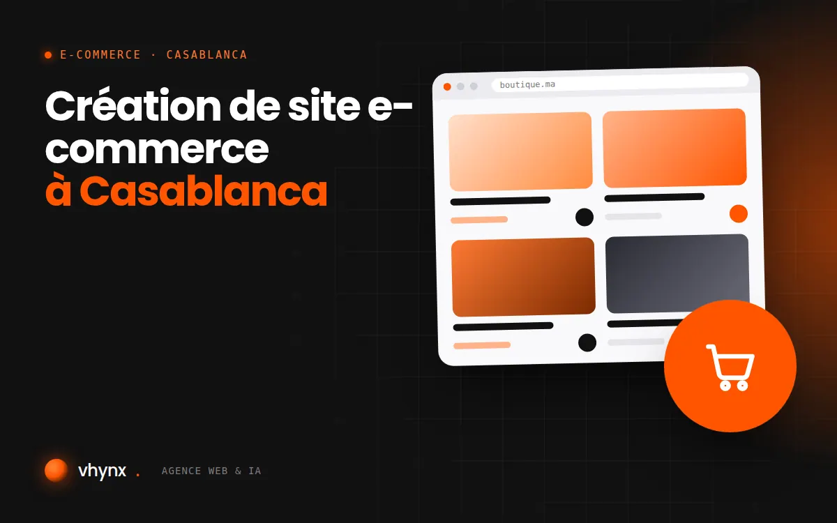 Création de site e-commerce à Casablanca : illustration Vhynx d'une boutique en ligne avec fiches produits et panier
